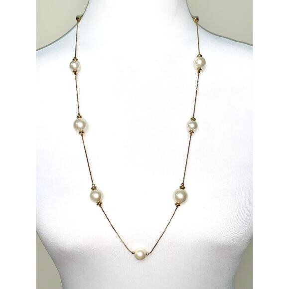 Vintage AKD Gold Tone Faux Pearl Station Long Necklace - Picture 1 of 5